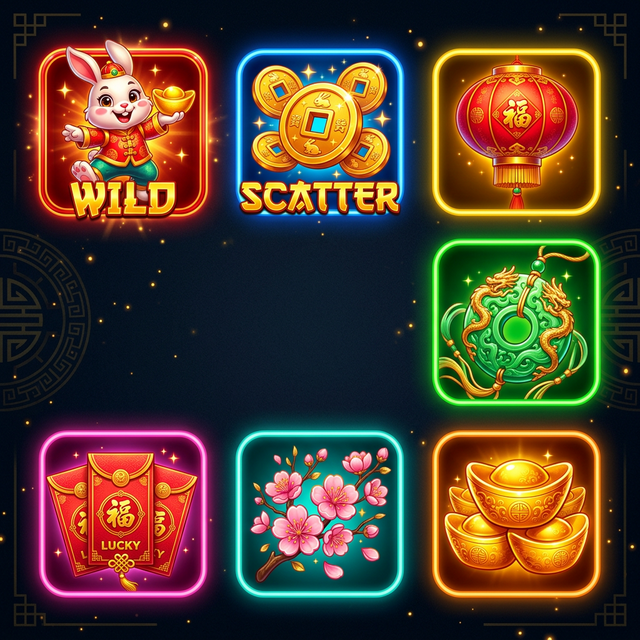 Colección completa de símbolos del slot Fortune Rabbit: conejo wild, moneda scatter, linterna, jade, sobre rojo, flor de cerezo, lingote de oro